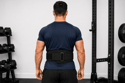 Homme de dos portant la ceinture pour la musculation FitnessWaistBelts coloris noir en salle de musculation avec haltères en arrière-plan