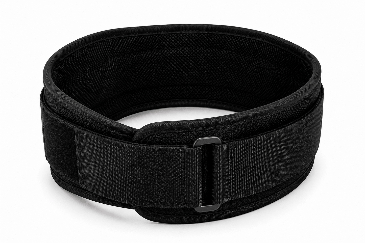Ceinture pour la musculation FitnessWaistBelts coloris noir vue trois quarts avant boucle auto-lock sur fond blanc