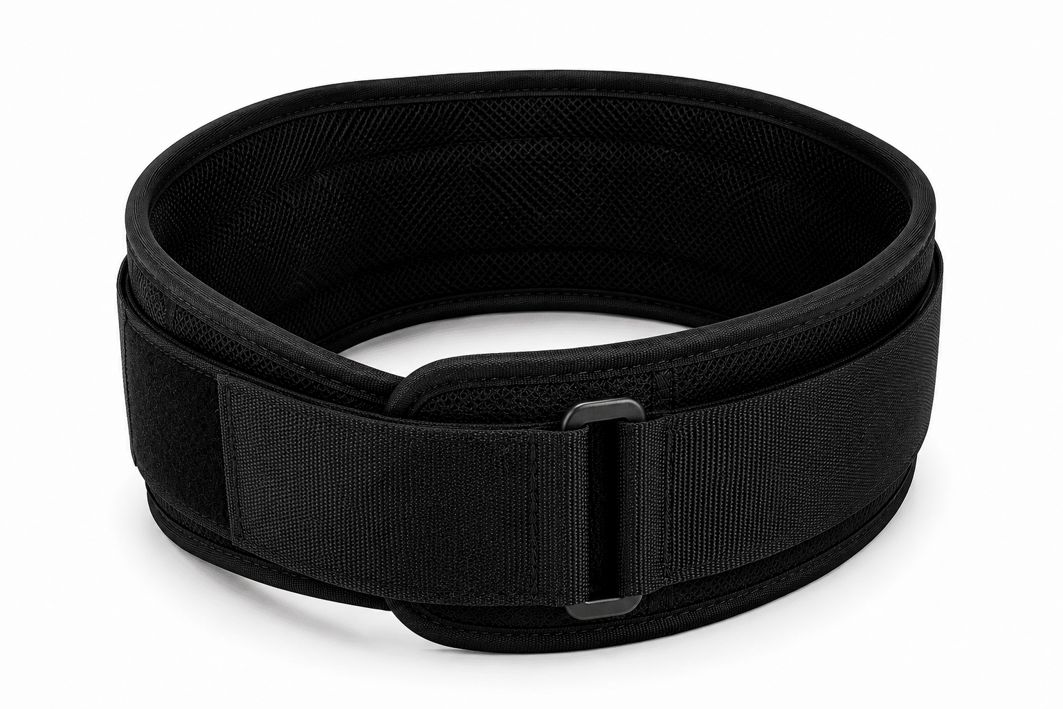 Ceinture pour la musculation FitnessWaistBelts coloris noir vue trois quarts avant boucle auto-lock sur fond blanc