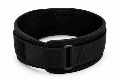 Ceinture pour la musculation FitnessWaistBelts coloris noir vue trois quarts avant boucle auto-lock sur fond blanc