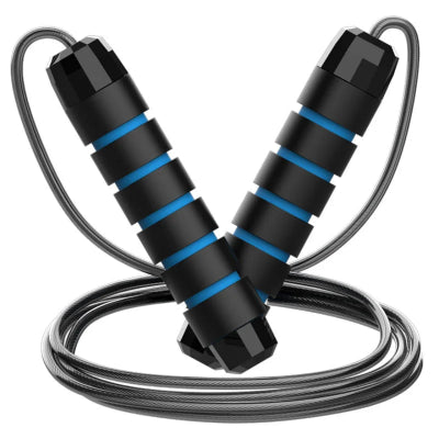 Corde a sauter noir poignee bandes bleu