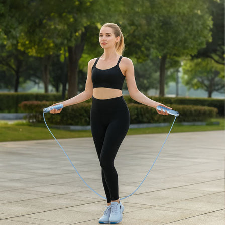 Corde a sauter image montrant le modele bleu avec une femme qui sentraine