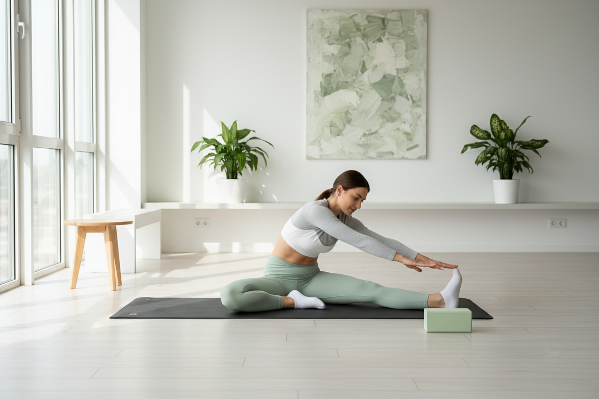 Exercice d’étirement pour améliorer la souplesse sur tapis de fitness