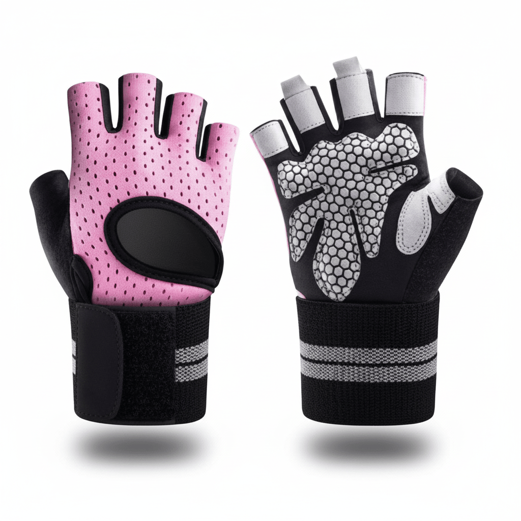 Gants musculation rose sans doigts avec support de poignet