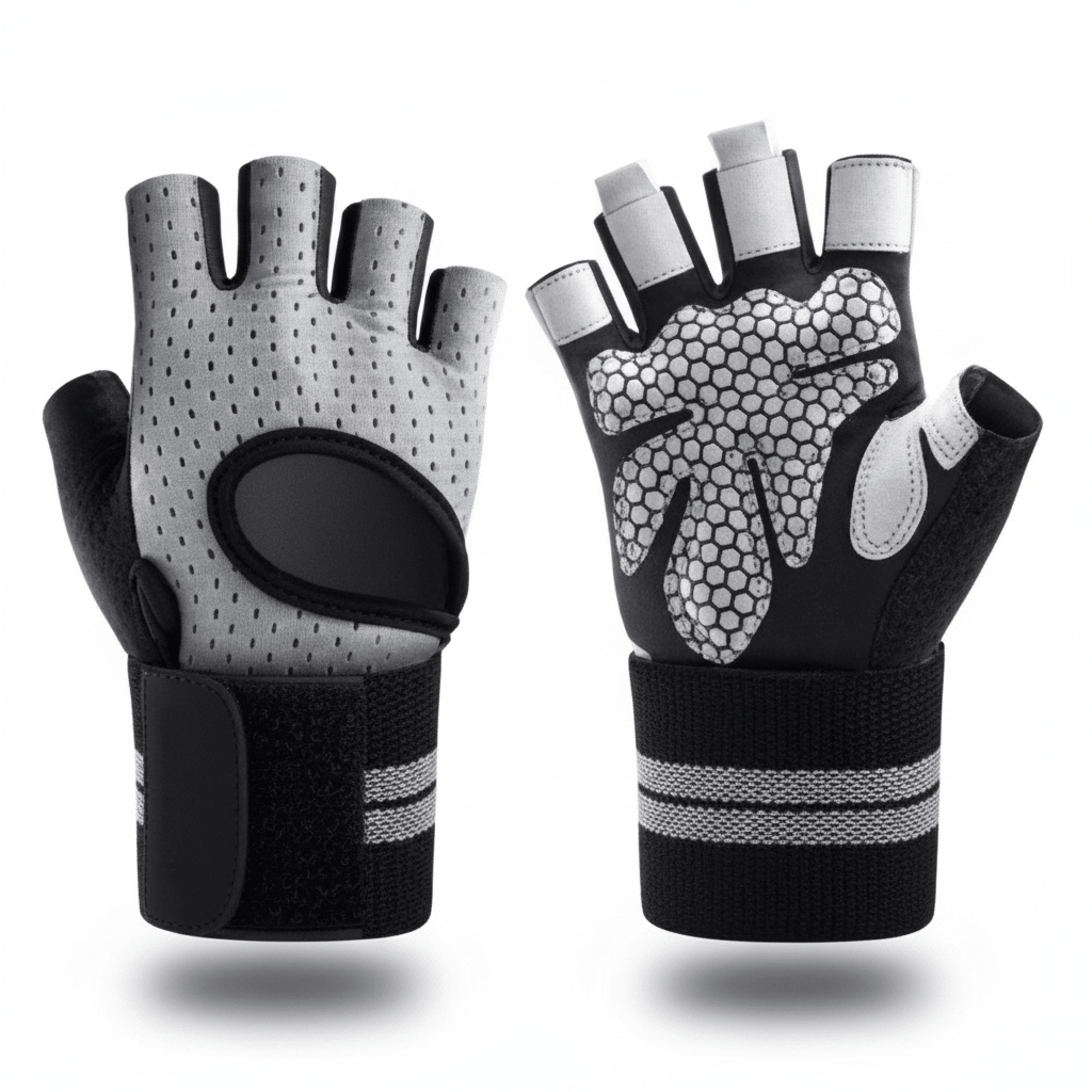Gants musculation gris sans doigts avec support de poignet