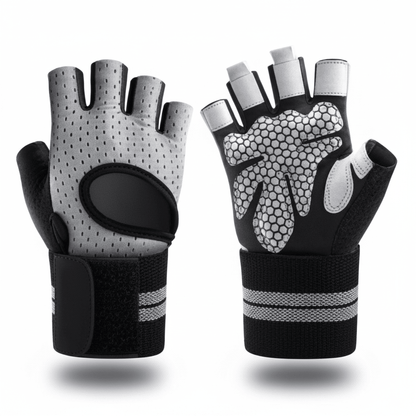 Gants musculation gris sans doigts avec support de poignet