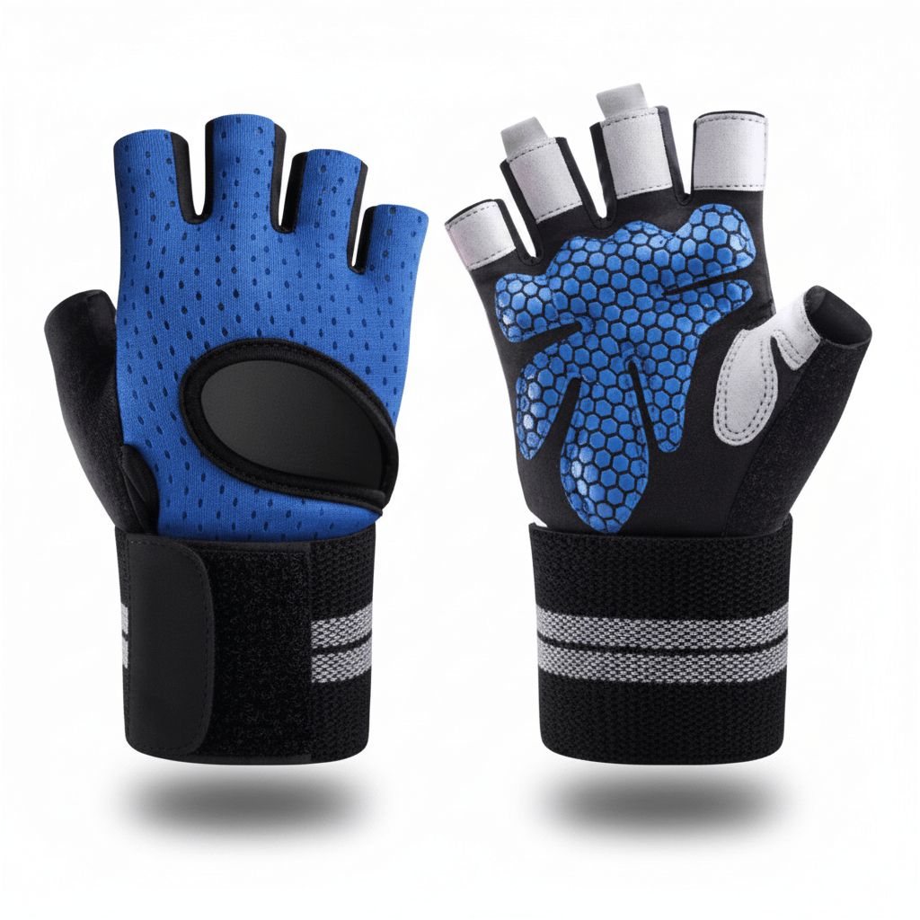 Gants musculation bleu sans doigts avec support de poignet