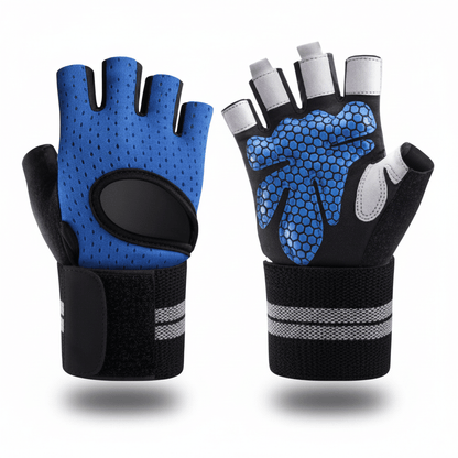 Gants musculation bleu sans doigts avec support de poignet