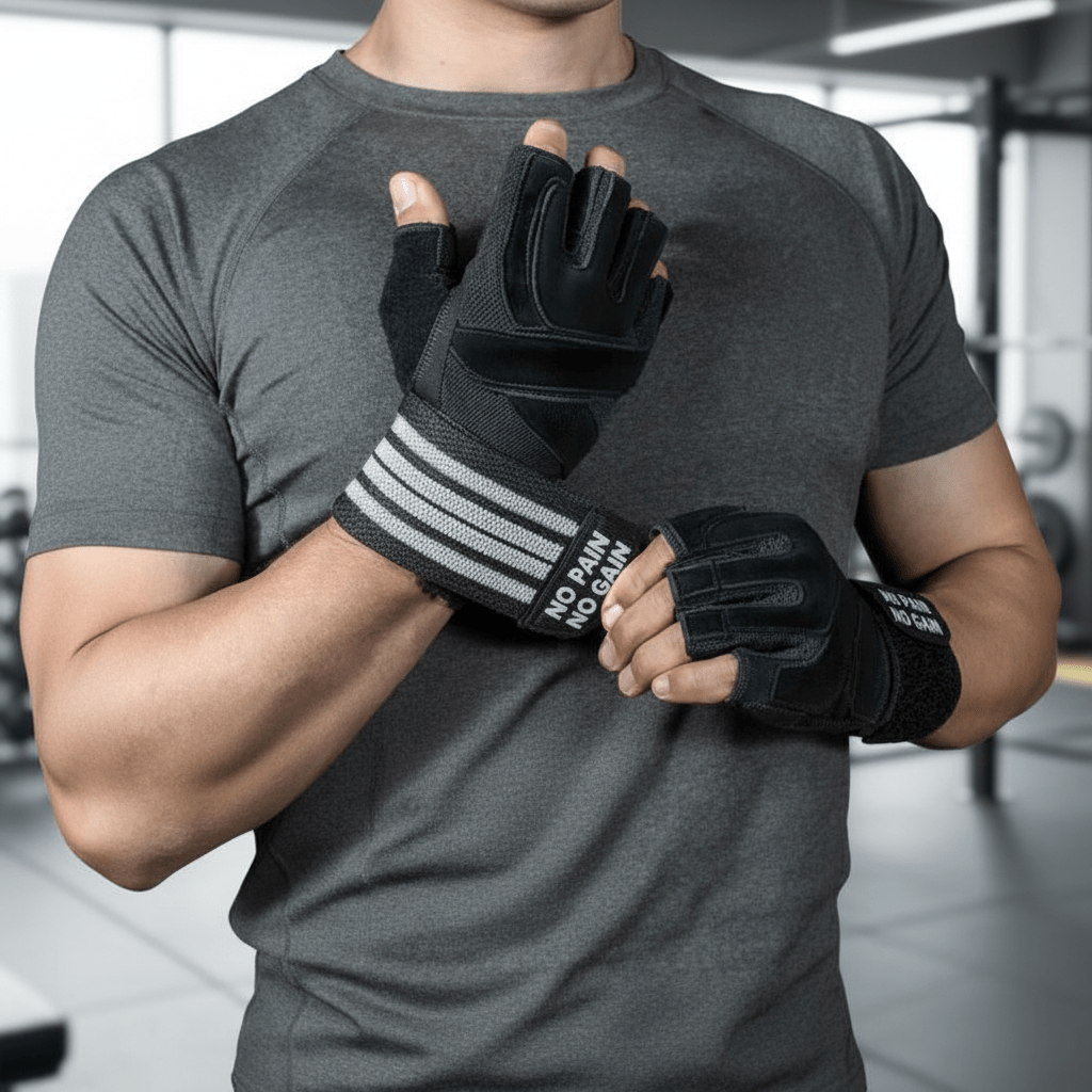 Gants musculation noir sans doigts avec support de poignet porté par un homme