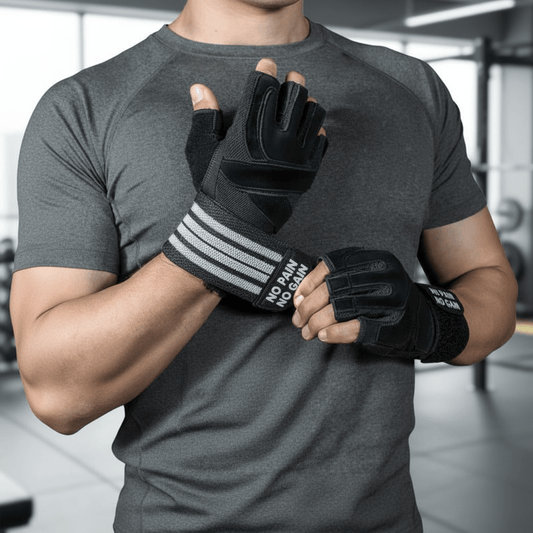 Gants musculation noir sans doigts avec support de poignet porté par un homme