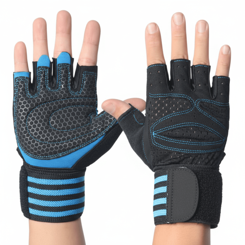 Gants musculation noir et bleu sans doigts avec support de poignet vue de dessus
