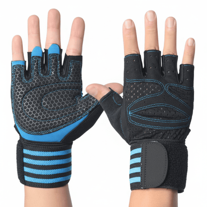 Gants musculation noir et bleu sans doigts avec support de poignet vue de dessus