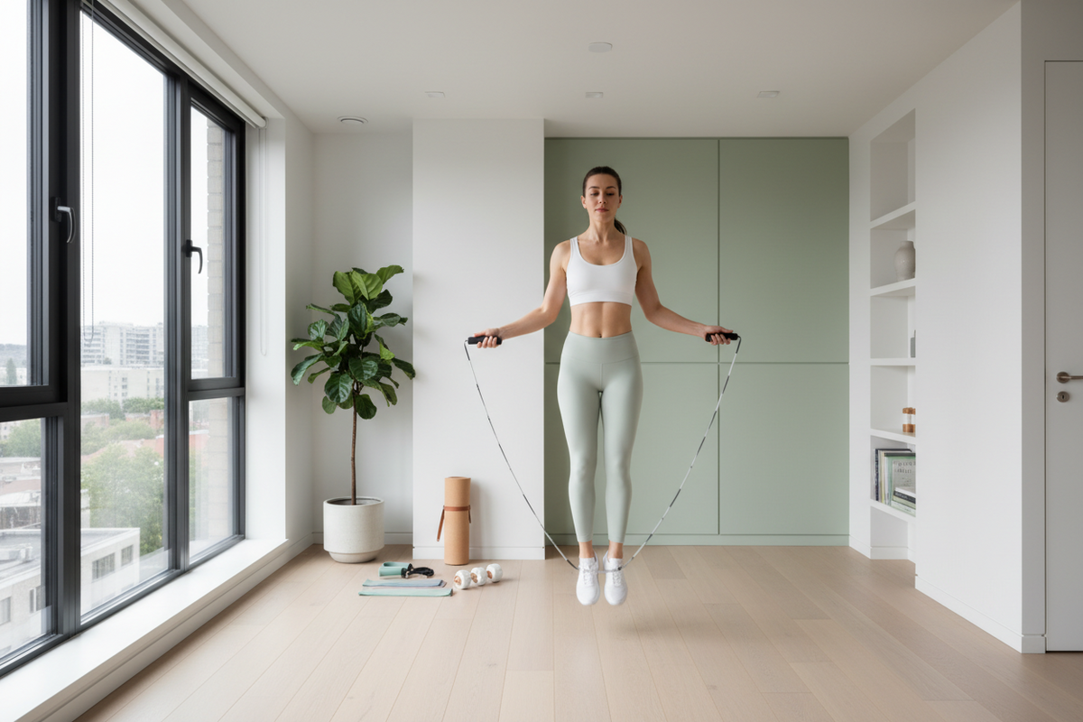 Femme s’entraînant à la corde à sauter dans un Home Gym à domicile