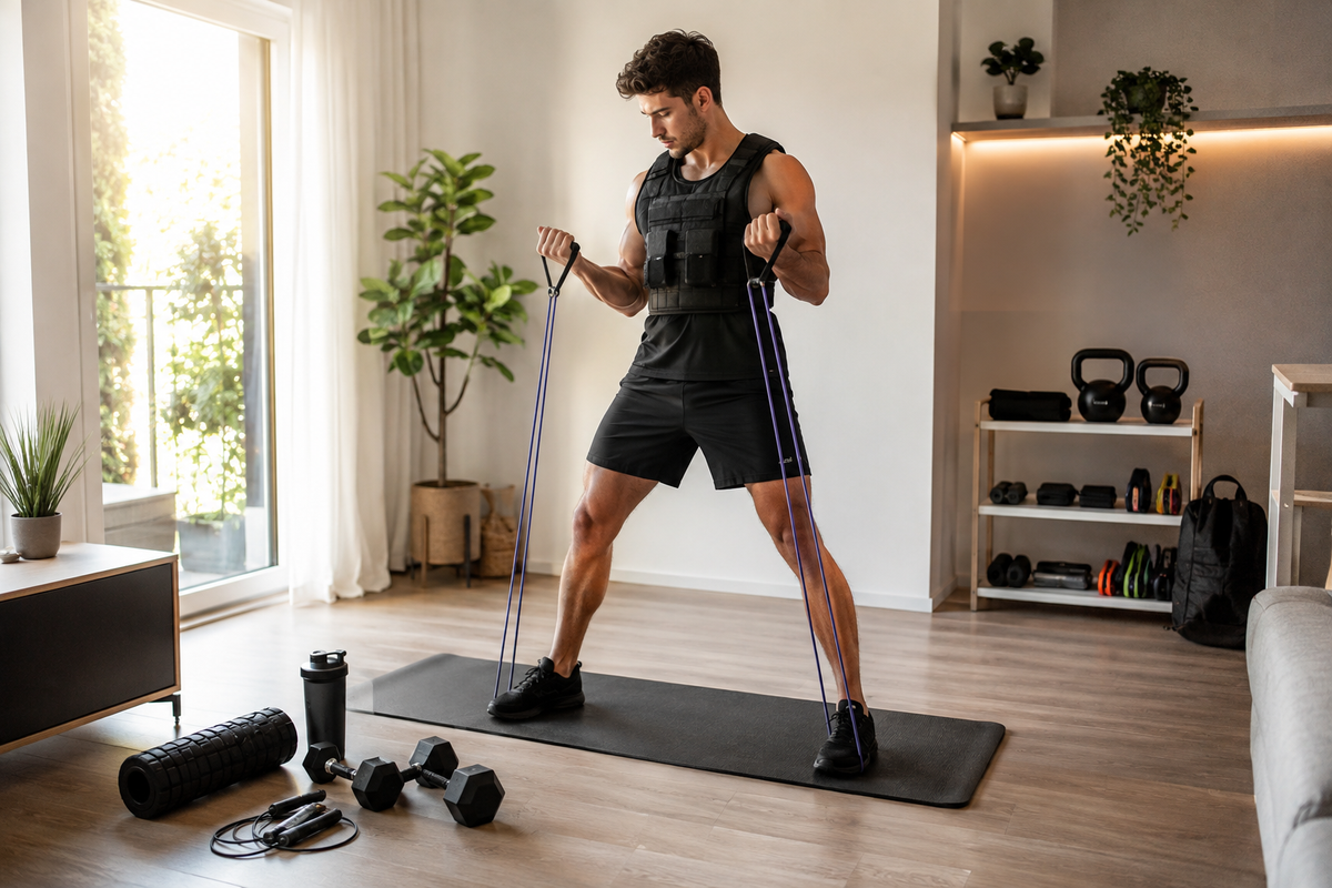 Homme s’entraînant avec des élastiques et un gilet lesté dans un Home Gym
