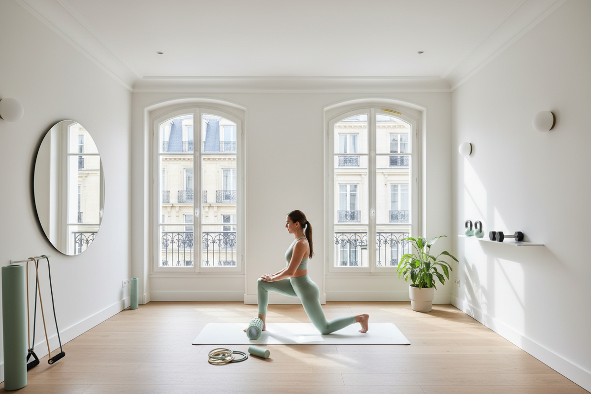 Femme faisant des exercices de mobilité avec un rouleau de massage dans un Home Gym