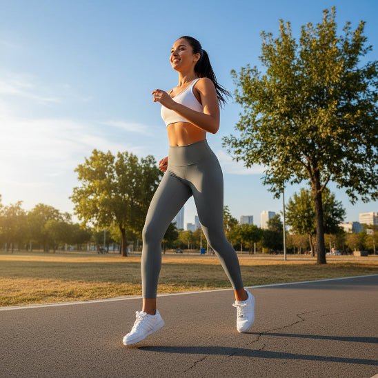 Legging sport femme jogging parc ensoleille
