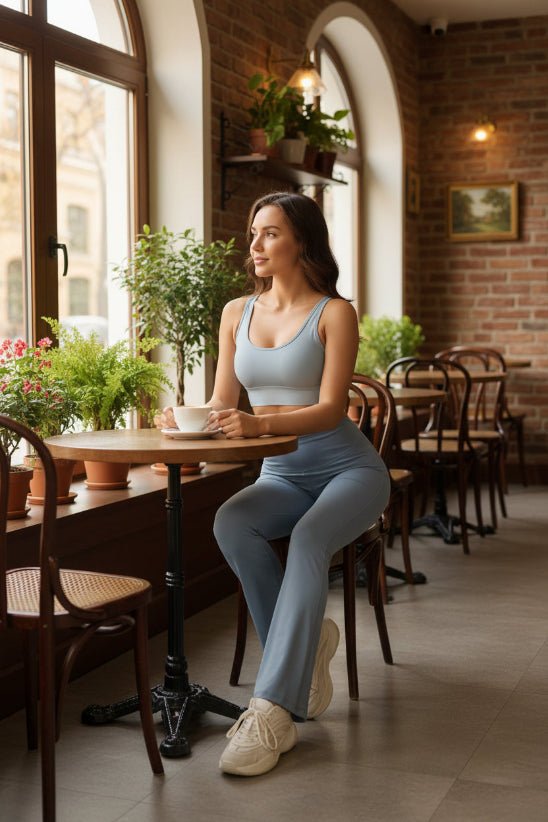 Gris legging sport femme assise restaurant