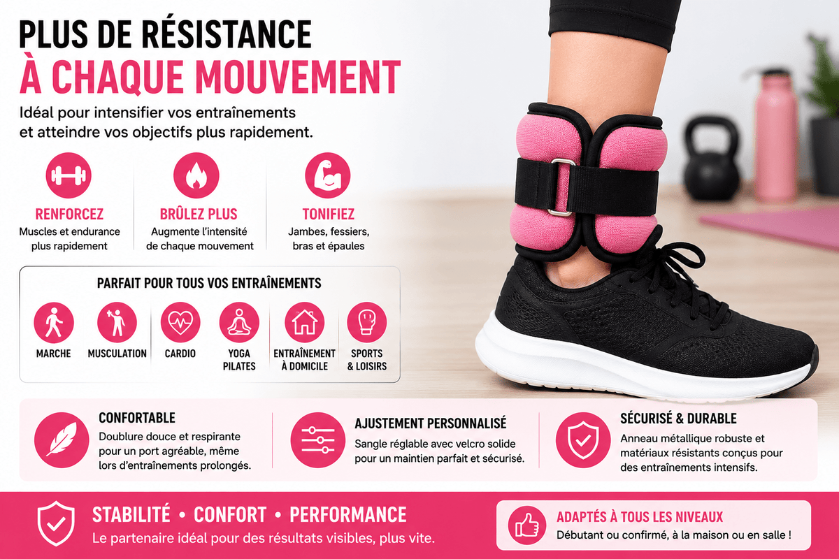 Poids de Cheville et Poignet 0,5 kg ou 1 kg – Paire Ajustable Fitness & Marche - La Zone Fitness