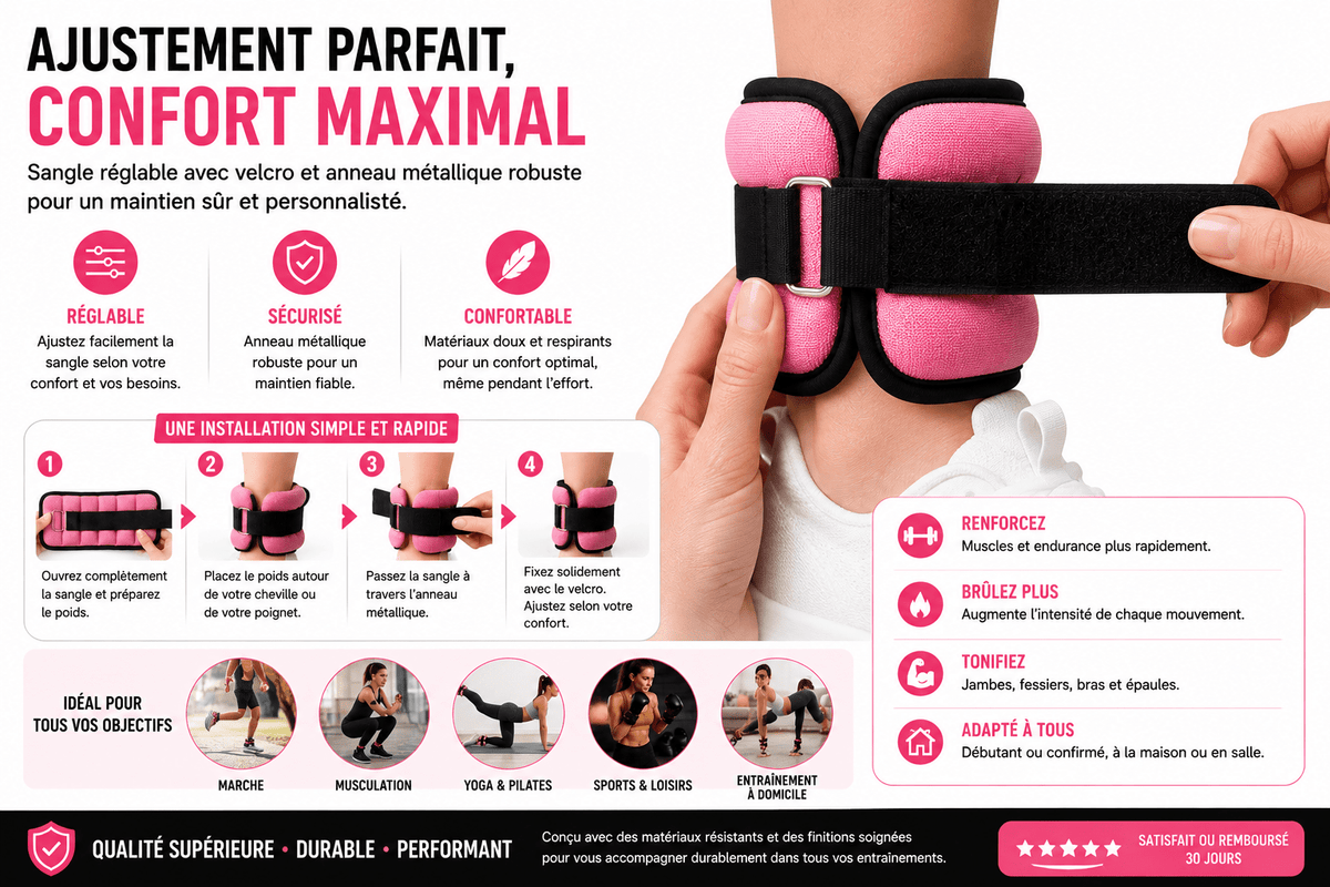 Poids de Cheville et Poignet 0,5 kg ou 1 kg – Paire Ajustable Fitness & Marche - La Zone Fitness