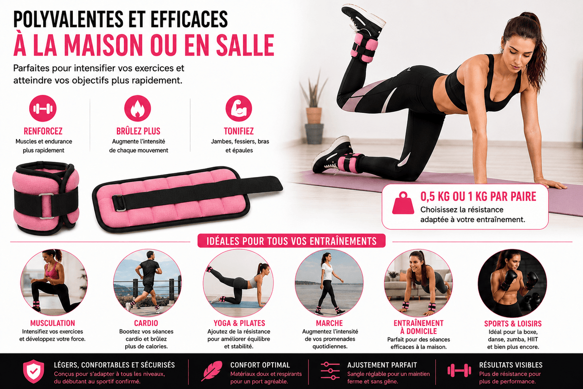Poids de Cheville et Poignet 0,5 kg ou 1 kg – Paire Ajustable Fitness & Marche - La Zone Fitness
