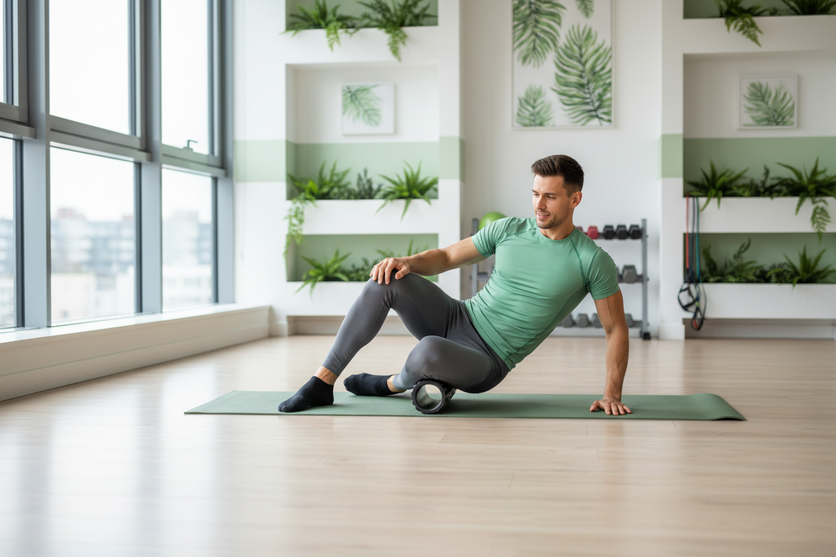 Exercice de récupération musculaire avec rouleau de massage sur tapis