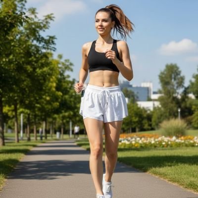 Short de sport femme blanche fait jogging parc ville