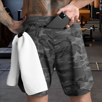 short sport homme gris camouflage avec poche arriere zippee